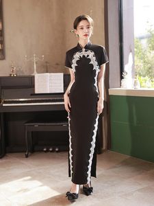 Vêtements ethniques élégant noir Satin dentelle Cheongsam robe été femmes Vintage Style chinois traditionnel Qipao