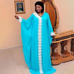 Etnische kleding Elegante informele hemelblauwe Afrikaanse jurken voor vrouwen Dashiki Print Appliques Moslimjurk Lange Vestidos met innder