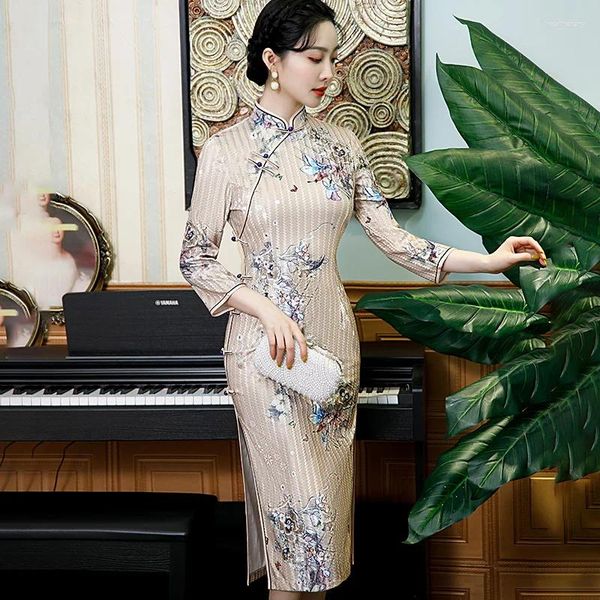 Etnische kleding Elegant China Traditionele kleding Lange Qipao-jurk Gewaad Oosters Grote maten Gestreept fluweel Herfst Modern Cheongsam Bloemen