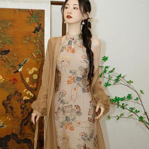 Etnische kleding elegante Chinese traditie qipao jurk sexy mouwloze split cheongsam klassieke print bloem mandarijn kraag vrouwelijke vestidos