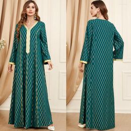 Etniska kläder Elegant klänning Ramadan Marockansk Casual Lös V-ringad spetstejp Tryckta långa klänningar Abayas för kvinnors Dubai islamisk klänning
