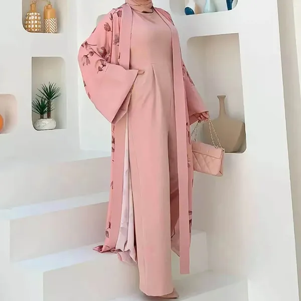 Ropa étnica elegante floral conjunto musulmán para mujeres Ramadán Dubai Abaya vestido de noche islámico femme ropa de fiesta eid dama abrigo mono