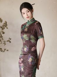 Ropa étnica Elegante Estampado floral Cheongsam Retro Mejorado Alto Split Qipao Mujeres modernas Sexy Vestido tradicional chino