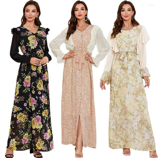 Vêtements ethniques Élégant Floral Print Party Robes Femmes 2024 Automne Abaya Longue Kaftan Robe Musulmane Dubaï Turquie Caftan Arabe Robe Islam