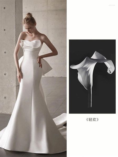 Roupas étnicas Elegante Francês Simples Tubo Top Backless Vestido de Casamento Noiva Prom Branco Cetim Vestido de Festa Vestidos