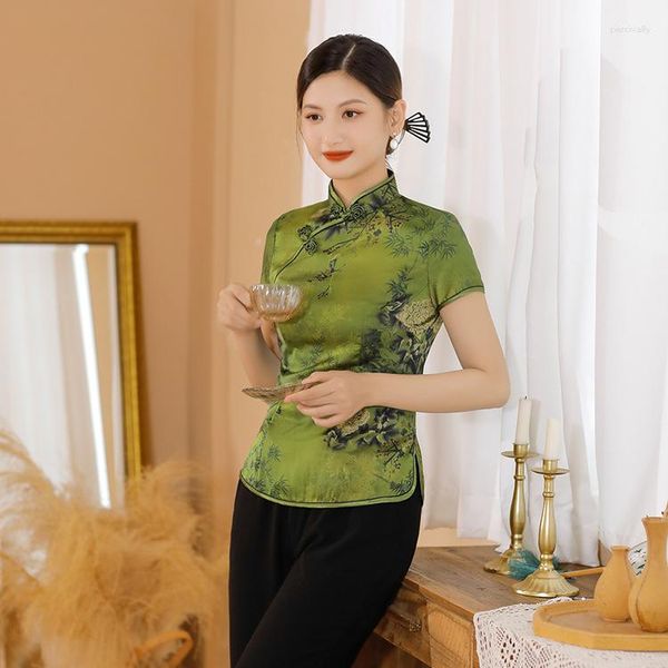 Vêtements ethniques Élégant Vert Qipao Femmes Satin Soie Tang Vêtements Vintage Style Chinois Top Imprimé Floral Cheongsam À Manches Courtes Hanfu Chemises