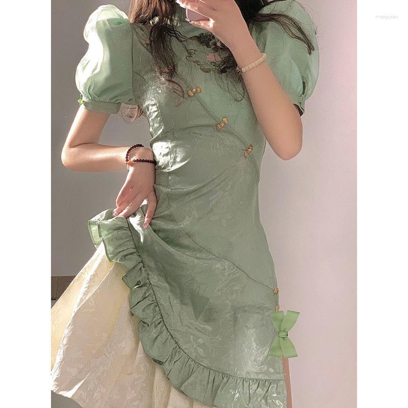 Ethnic Clothing Elegant Green Stand Collar Metal Button Jacquard Stitching Puff Sleeve Cheongsam Women Princess Dress Plus Size Qipao