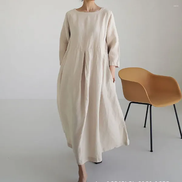 Vêtements ethniques Élégant Islamique Turquie Abaya Coton Lin Col Rond Pull Solide Longue Robe Dubaï Arabe Lâche Plus Taille Plaine Femme