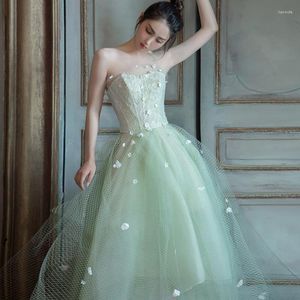 Vêtements ethniques élégant vert clair bustier tubulaire Appliques robes de mariée femme dos nu fête nuit maille une ligne robe formelle