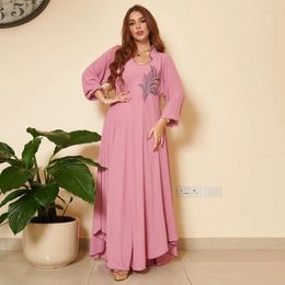 Vêtements ethniques Élégant Longue Maxi Robe Femmes Mode Ras Du Cou Robe Plissée Appliques Ourlet Asymétrique Casual Lâche Dames Robes Ramadan