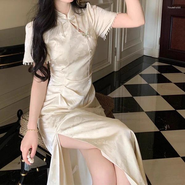 Vêtements ethniques Long Qipao Robe florale d'été élégante pour femmes 2024 chinois Cheongsam à manches courtes Colliers beige vintage Robes
