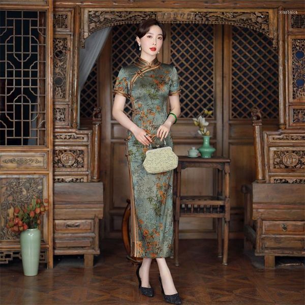 Vêtements ethniques élégant col Mandarin Qipao robe moderne soie chinois traditionnel femmes robes à manches courtes Cheongsam Vestidos