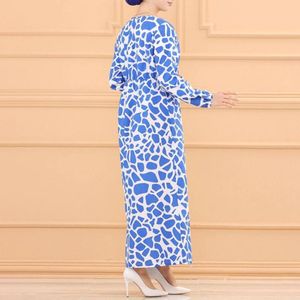 Vêtements ethniques robes Maxi élégantes pour femmes 2022 O cou à manches longues vêtements musulmans bleu imprimé taille serrée Boubou Robe ethnique