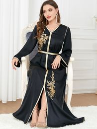 Etnische Kleding Elegante Moslim Jurk Vrouwen Abaya Gordel Borduurwerk Split Marokko Feestjurk Kaftan Turkije Arabische Lange Gewaad Vestidos Dubai Jurken 230616