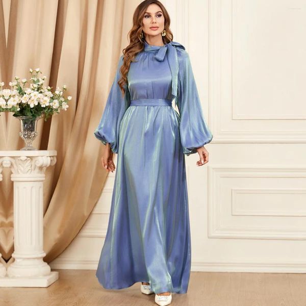 Ropa étnica Vestidos musulmanes elegantes Árabe Sólido Mangas largas Cuello de arco Moda Medio Oriente Maxi Abaya Robe Party Kaftan Vestidos