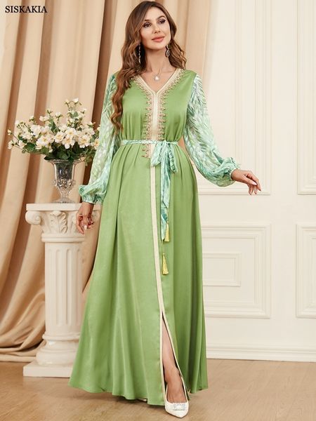 Ropa étnica elegante musulmán Maxi vestido para mujer refrescante menta verde verano Abaya cinta dorada cuello en V con cuentas manga larga Jalabiya 230630