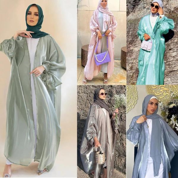 Ropa étnica elegante abierto abaya kimono para mujeres satén globo manga vestido largo cardigan musulmán dubai árabe fiesta de verano traje ramadán