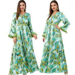 Etnische kleding elegante gedrukte vrouwen lange kleding lente herfst veer islamitische Marokkaanse jalabiya caftan dubai moslim maxi robe kalkoen