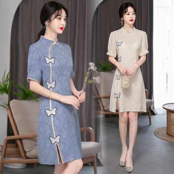 Vêtements ethniques élégant rétro Style chinois papillon brodé Cheongsam été à manches courtes jeune robe Qipao moderne