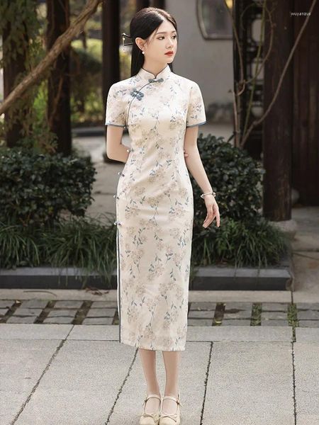 Ropa étnica elegante retro mujeres chinas impresas satén cheongsam sexy delgada dividida qipao mandarin collar vestido cosplay disfraz