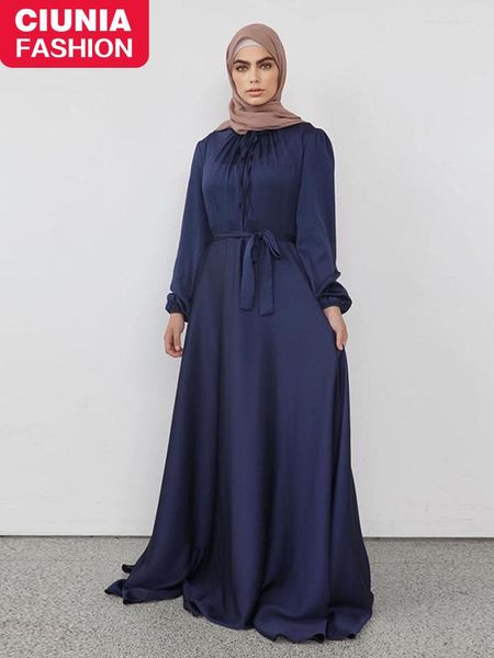 Ropa étnica elegante satén mujer musulmana Abaya Dubai dobladillo grande puños elásticos vestidos largos Turquía Oriente Medio vestido de noche islámico