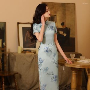 Ropa étnica elegante seda jacquard doble capa cheongsam verde qipao chino estilo tradicional vestido de noche para mujeres