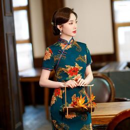 Etnische kleding Elegante halflange jurk met split Dames Traditionele Qipao Chinese stijl Cheongsam Bloemenavond Quipao Oosters