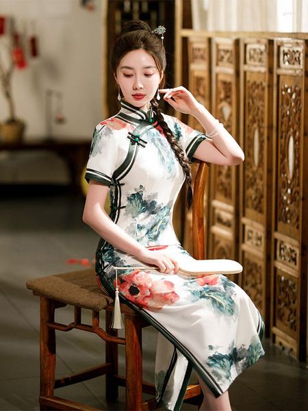 Vêtements ethniques Élégant Été Longue Soie Cheongsam Antique Catwalk Banquet Classique Mode Qipao Style Chinois Robe De Soirée Pour Les Femmes Fête