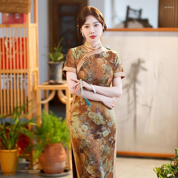 Vêtements ethniques Élégant Été Long Jaune Cheongsam Mode Rétro Amélioré Qipao Chinois Robe De Soirée De Style Traditionnel Pour Les Femmes