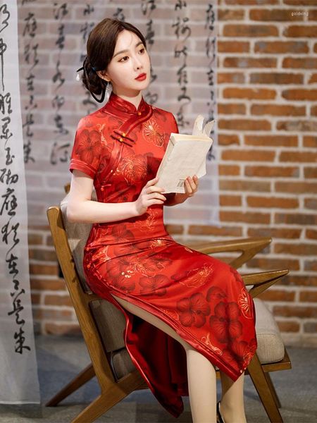 Ropa étnica elegante verano seda largo rojo cheongsam pasarela banquete retro moda qipao estilo chino vestido de novia de noche para mujeres