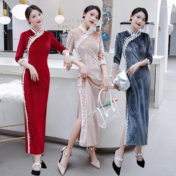 Vêtements ethniques Élégant Velours Slim Fork Dames Qipao Robe Vintage Mandarin Col Chinois Traditionnel Femmes Longue Fête Cheongsam 4XL