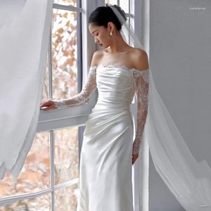 Vêtements ethniques Élégant Blanc Satin Dentelle Fishtail Robes De Mariée 2023 Femmes À Manches Longues Robe De Soirée Robe De Novia