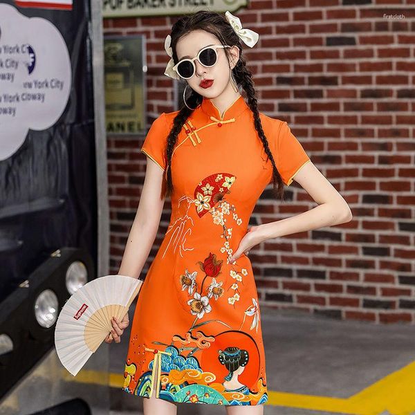 Vêtements ethniques femmes élégantes imprimer fleur Cheongsam Style chinois jeunes filles Robe de soirée Sexy Slim Mini Qipao Vestidos Oriental Robe Robe