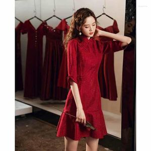 Etnische Kleding Elegante Vrouwen Rode Mini Cheongsam Chinese Bruid Bruiloft Toast Qipao Klassieke Jonge Meisjes Feestjurk Vintage Slanke Qi Pao