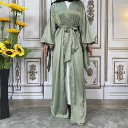 Vêtements ethniques femmes élégantes Satin ouvert Abaya Cardigan Maxi Robe Turquie arabe Robe à lacets Kimono Ramadan Eid musulman Longue Jalabiya dubaï