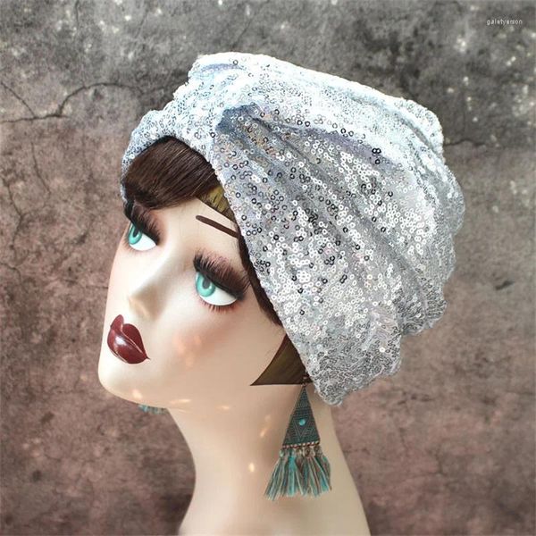 Ropa étnica Mujeres elegantes Lentejuelas Nudo Turbante Sombrero Brillante Musulmán Headwear Bonnet Femme Musulamn Listo para usar Head Wrap Cap Cabello