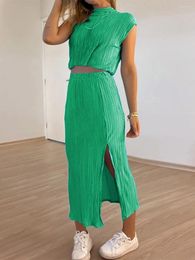 Etnische Kleding Elegante Vrouwen Zomer 2 Stuk Rok Sets Effen Kleur Tube Top Cami Vest Shirt Hoge Taille Split jurk Strand Outfits Streetwear