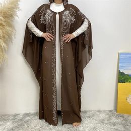 Vêtements ethniques Sweat à capuche perlé embelli Abaya Eid Himitone Bat Sleeve Kimono Middle East Capinon Muslamic Muslim Women Dress