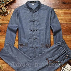 Vêtements ethniques Broder Costume de style chinois Hommes Tang Vêtements Coton Ligne Hanfu Vintage Taichi Costume Mâle Mandarin Col Manteaux de vêtement