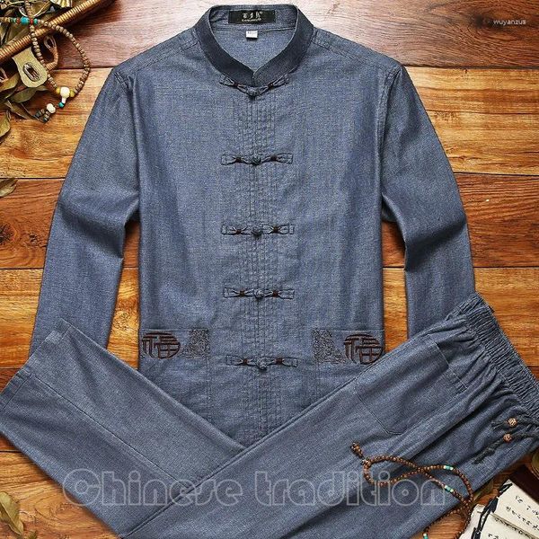 Ropa étnica Bordar Traje de estilo chino Hombres Tang Ropa Línea de algodón Hanfu Vintage Taichi Traje Masculino Mandarin Collar Abrigos de ropa