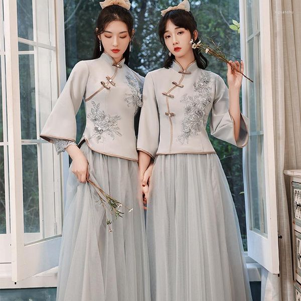 Vêtements ethniques brodé fleur chinois col montant Qipao femmes gris grande taille robe de soirée de mariage décontracté Vintage robes chemise jupe