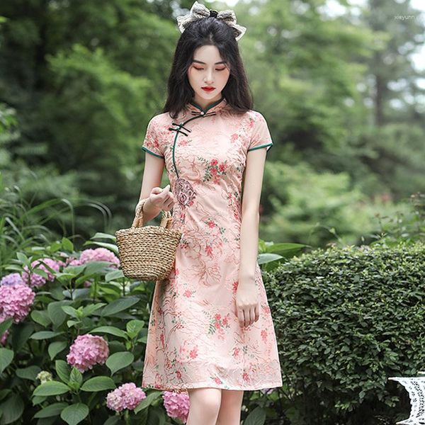 Vêtements ethniques Gaze de maille brodée Moyen Cheongsam Amélioré Jeunes filles Collier de style chinois Petite jupe Mode Plus Taille 3XL