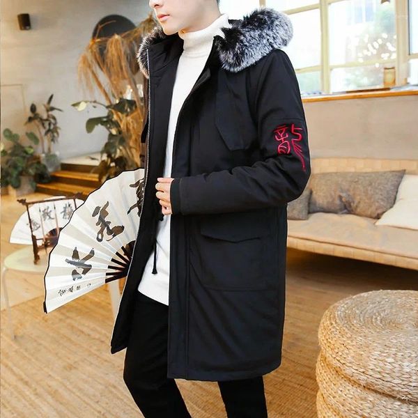 Ropa étnica bordado estilo chino con capucha cuello de piel parkas chaqueta para hombre chaquetas gruesas cálidas invierno abrigo largo masculino más tamaño m-5xl 13023