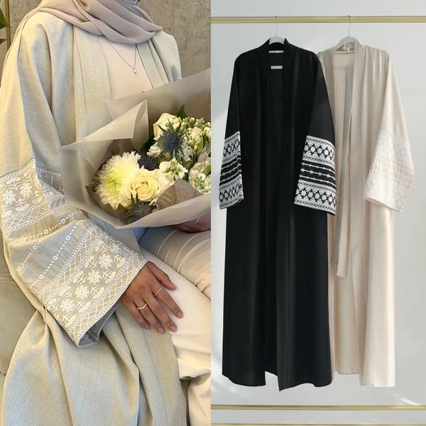 Vêtements ethniques Broderie Coton Lin Kimono Abaya pour femmes Musulman Ouvert Abayas Dubaï Luxe Turquie Kaftan Hijab Robe Ramadan Islamique