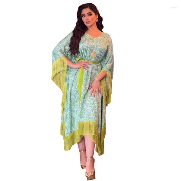 Vêtements ethniques Robe de soirée Femmes Plus Taille Vert Imprimer Gland Batwing Manches Occasions spéciales Dames modestes Printemps Robes d'été 2023