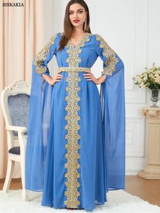 Etnische kleding Avondjurken Lange luxe 2023 Floral Borduurwerk kanten Paneel riem randen chiffon jurk Marokkaanse kaftan vrouw gewaad kalkoen abayat