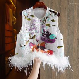 Vêtements ethniques Design exclusif Style chinois broderie exquise épissage de plumes col rond gilet en soie mode célébrités haut pour femme
