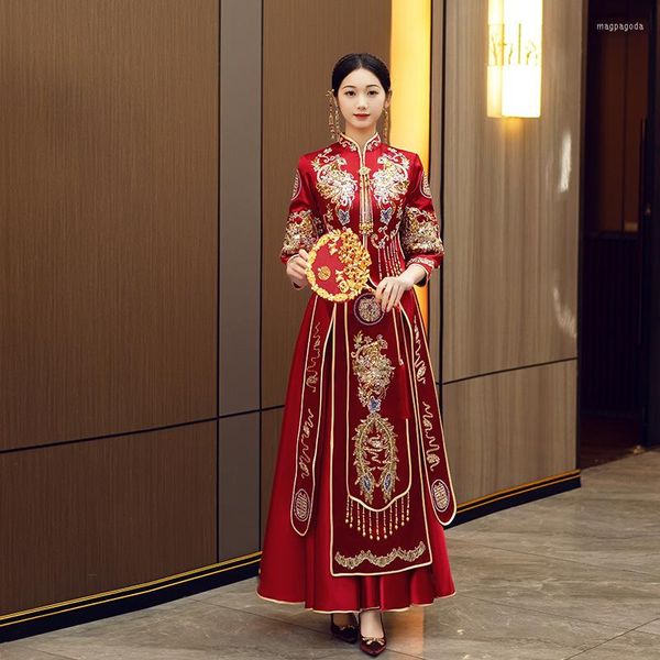 Vêtements ethniques Exquis Phoenix Broderie Col Mandarin Mariage Cheongsam Style Chinois Mariée Satin Paillettes Perles Robe De Mariée