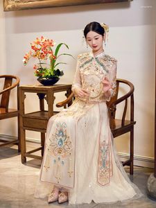 Vêtements ethniques exquis Champagne brillant Sparkly Marier Cheongsam Chinese Traditional Bride Sequins perle des glands Robe de mariée