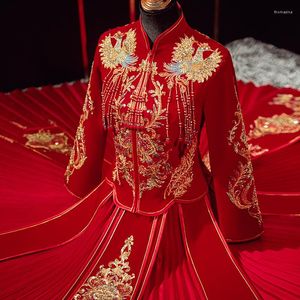 Vêtements ethniques exquis velours Phoenix paillettes glands broderie Cheongsam mariée robe de mariée style chinois oriental toast